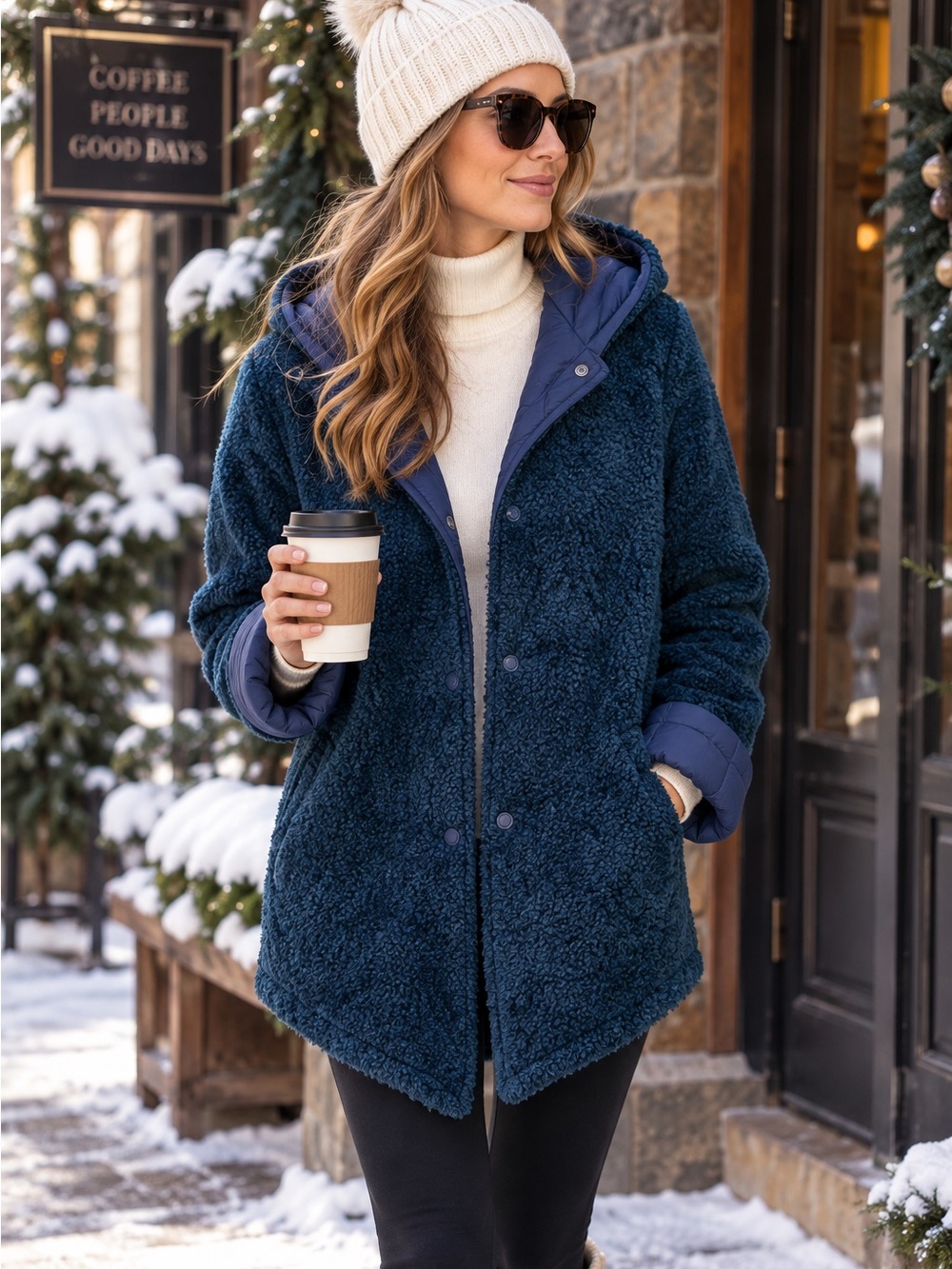 NWT HALOGEN Cozy Blue Quilted Hooded Sherpa Style Reversible Coat, S